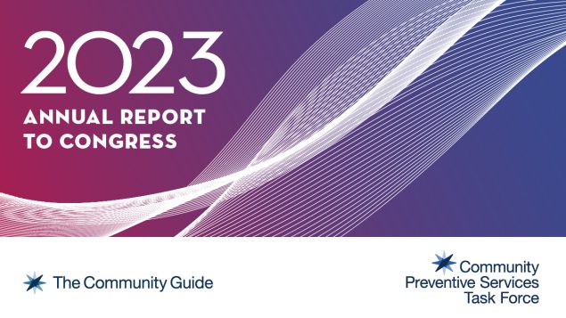 Link to the CPSTF 2023 Annual Report to Congress 2023 Annual Report to Congress in white text on a background that transitions from dark red to dark blue from left to right
