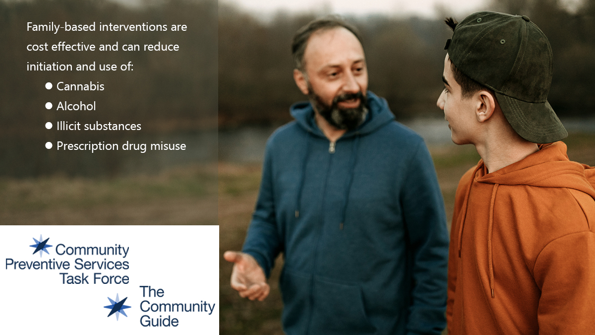 Use this image of a father and son talking while walking in a park to promote the CPSTF economic finding for Family-based Interventions to Prevent Substance Use Among Youth on your social media accounts.