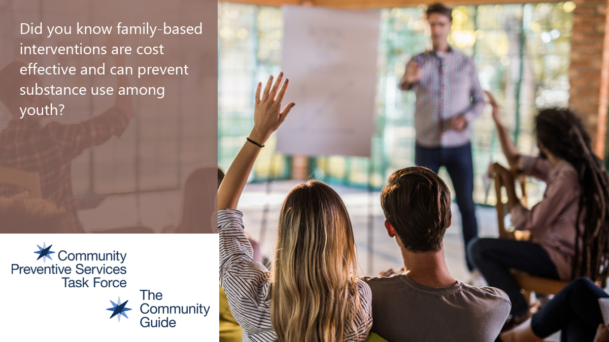 Use this image of a group of teens having a discussion to promote the CPSTF economic finding for Family-based Interventions to Prevent Substance Use Among Youth on your social media accounts.