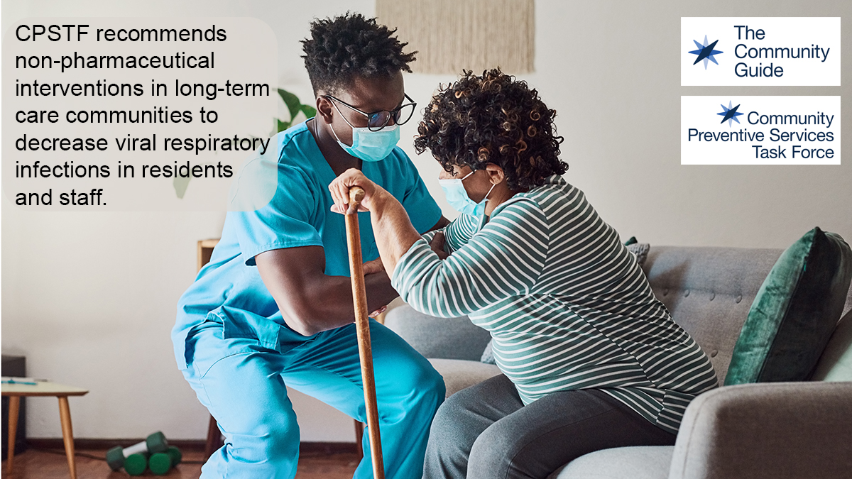 Use this image of a long tern care community worker helping a resident stand up from a couch to promote the CPSTF finding for Non-Pharmaceutical Interventions to Reduce Transmission of Viral Respiratory Infections in Long-Term Care Communities on your social media accounts.