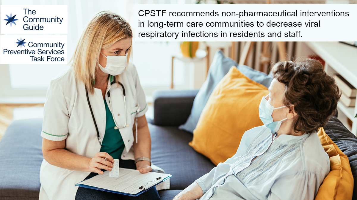 Use this image of a health care provider speaking to a long term care facility resident to promote the CPSTF finding for Non-Pharmaceutical Interventions to Reduce Transmission of Viral Respiratory Infections in Long-Term Care Communities on your social media accounts.