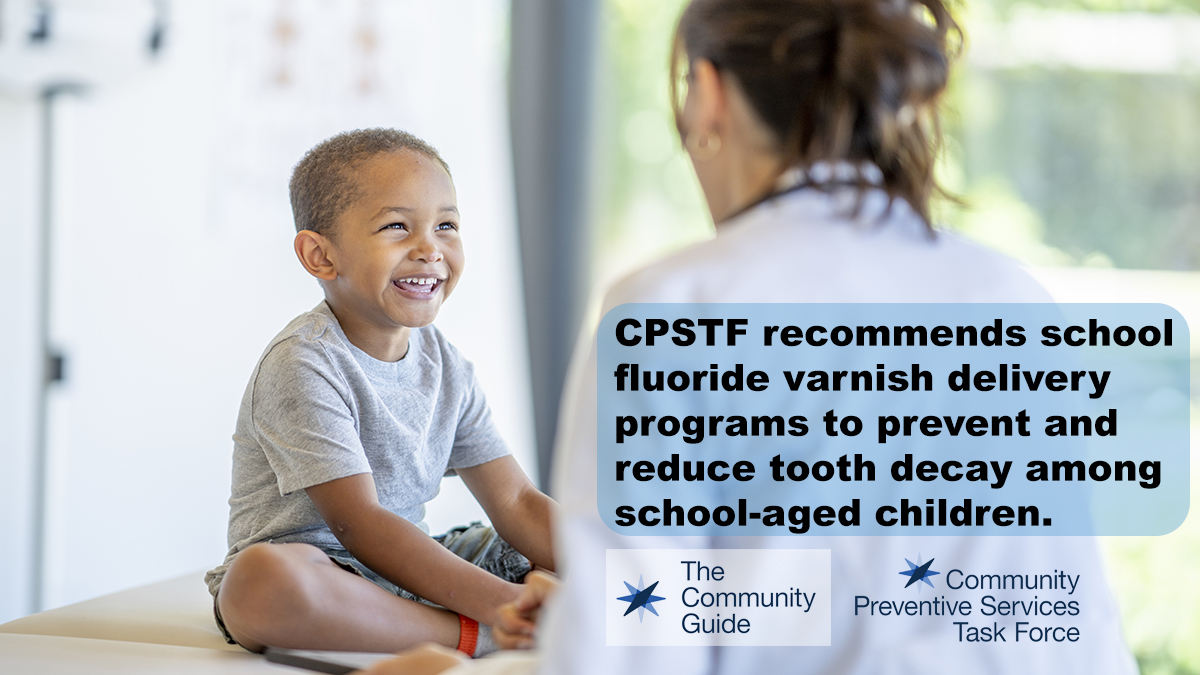 Use this image of a young boy talking to a health care professional to promote the CPSTF effectiveness finding for School Fluoride Varnish Delivery Programs on your social media accounts.