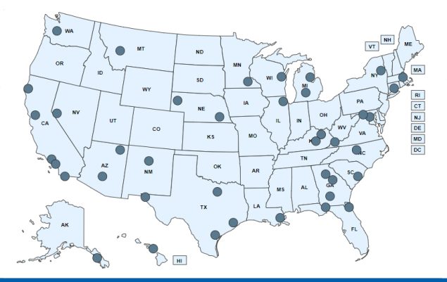 A map of the United States, with gray circular pins showing locations of Community Guide in Action stories